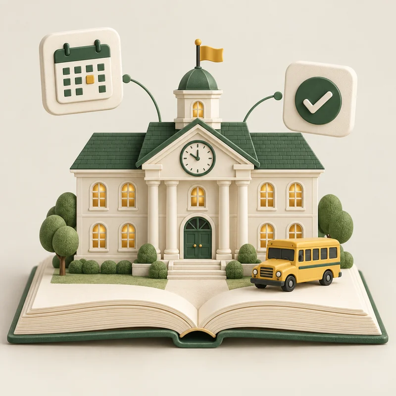 Original school illustration with a calendar, attendance check and school bus