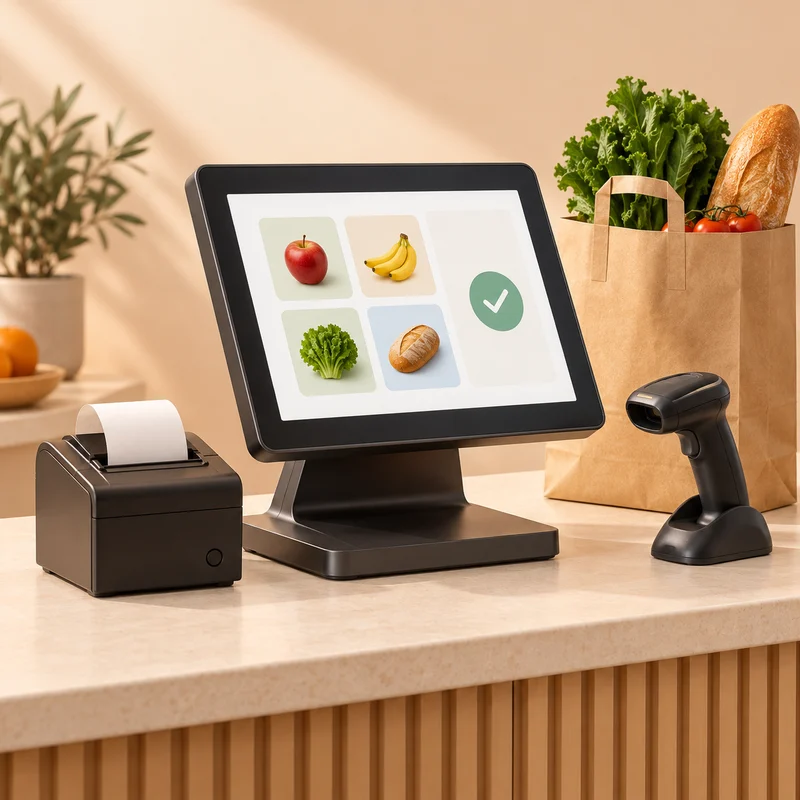 Illustrative retail checkout with a POS terminal, receipt printer and barcode scanner