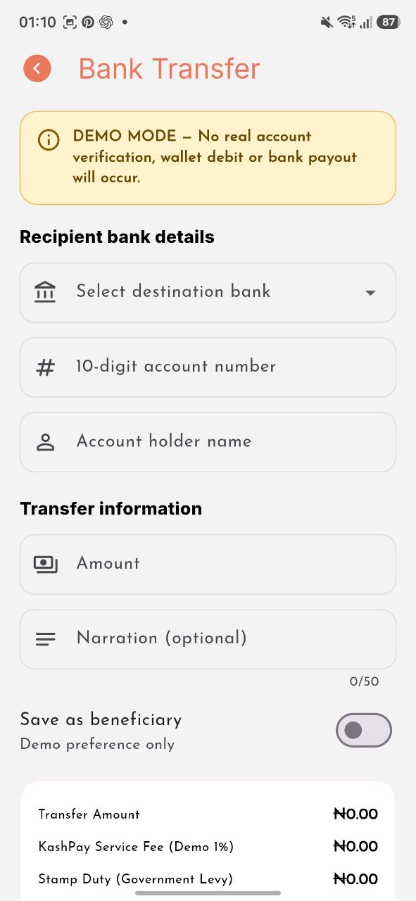 KashPay Transfer screen