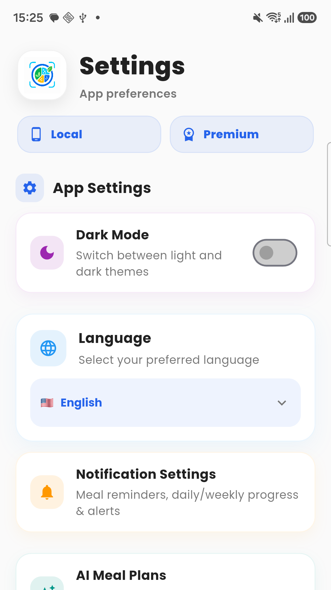 Nutrition Scan application settings